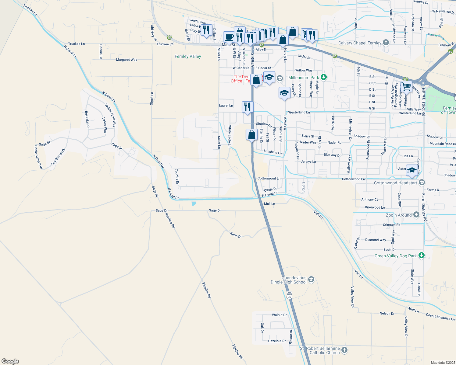 map of restaurants, bars, coffee shops, grocery stores, and more near 940 Curtis Pl in Fernley