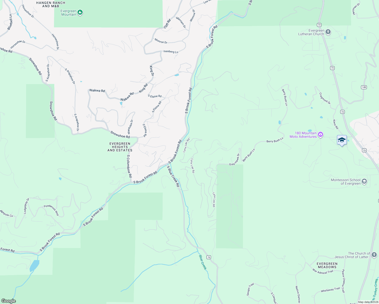 map of restaurants, bars, coffee shops, grocery stores, and more near 6808 South Brook Forest Road in Evergreen