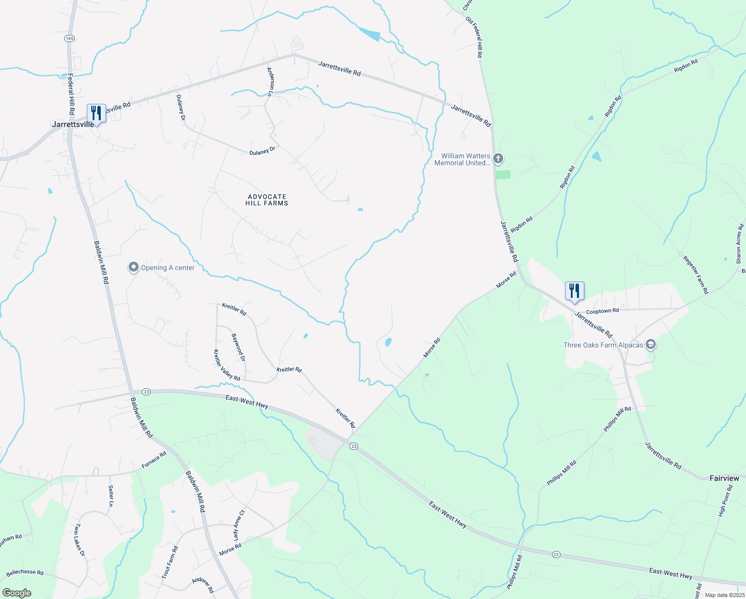 map of restaurants, bars, coffee shops, grocery stores, and more near 1634 Morse Road in Forest Hill