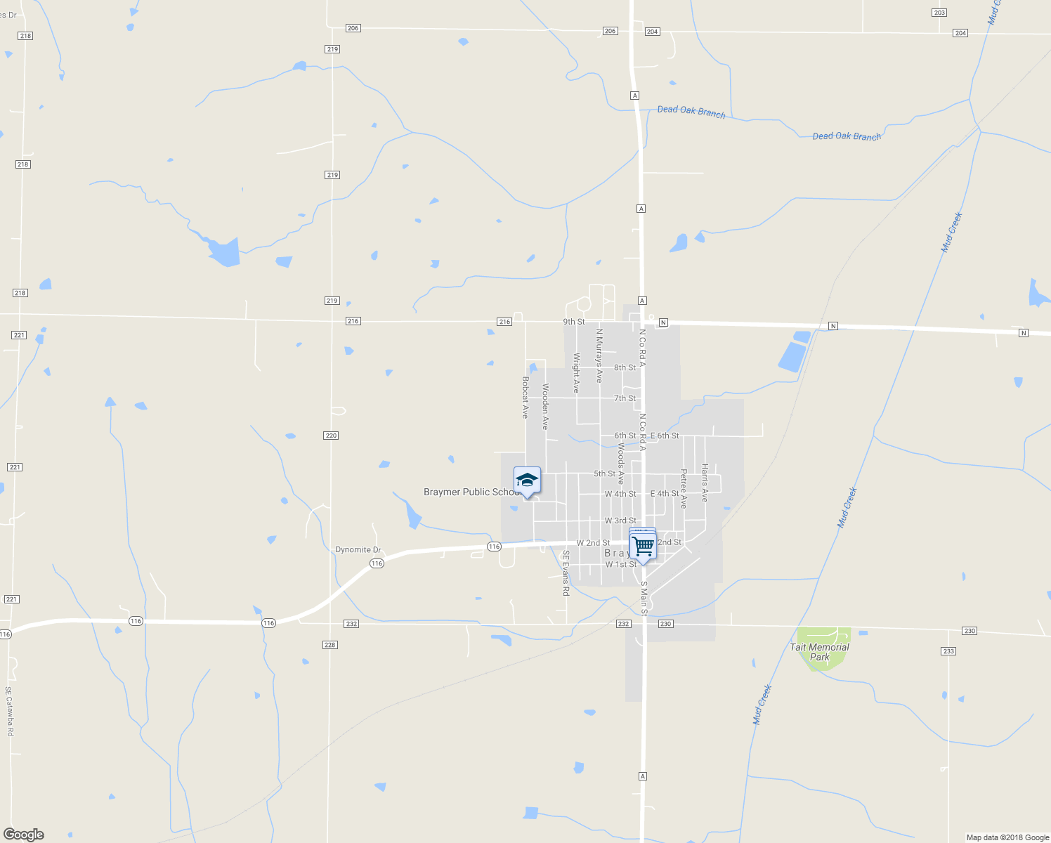 map of restaurants, bars, coffee shops, grocery stores, and more near 613 Bobcat Avenue in Braymer