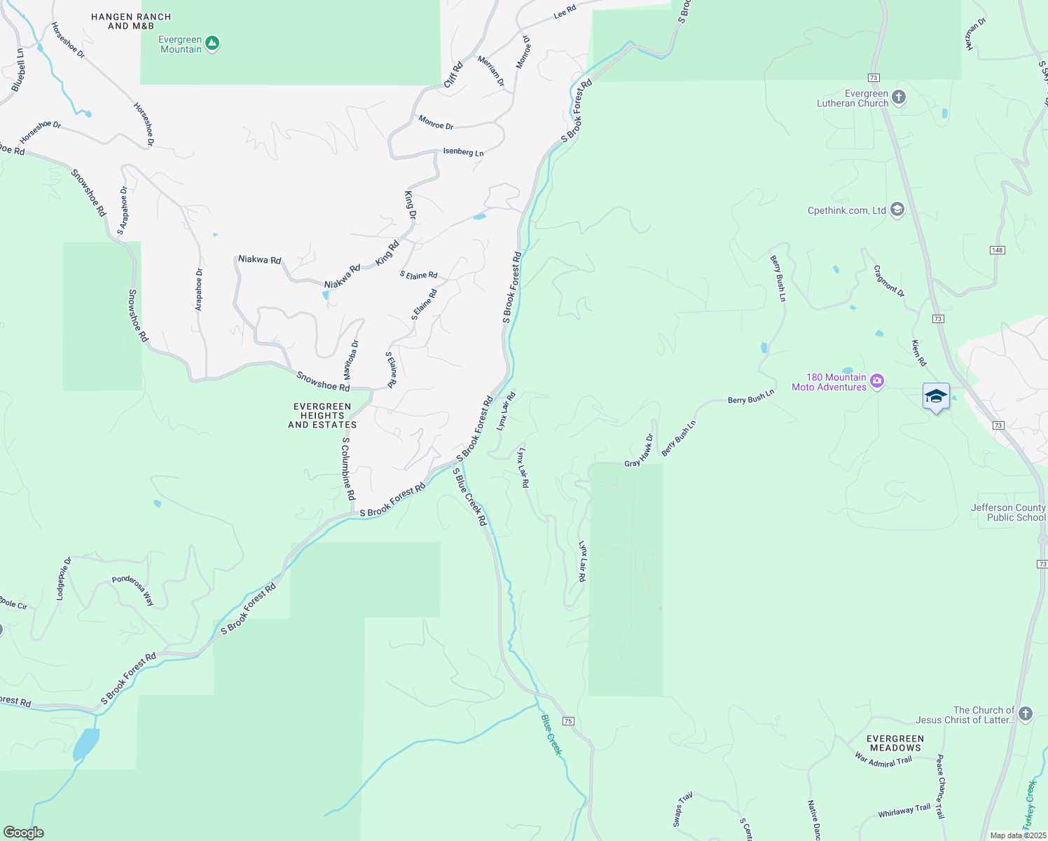 map of restaurants, bars, coffee shops, grocery stores, and more near 6808 South Brook Forest Road in Evergreen