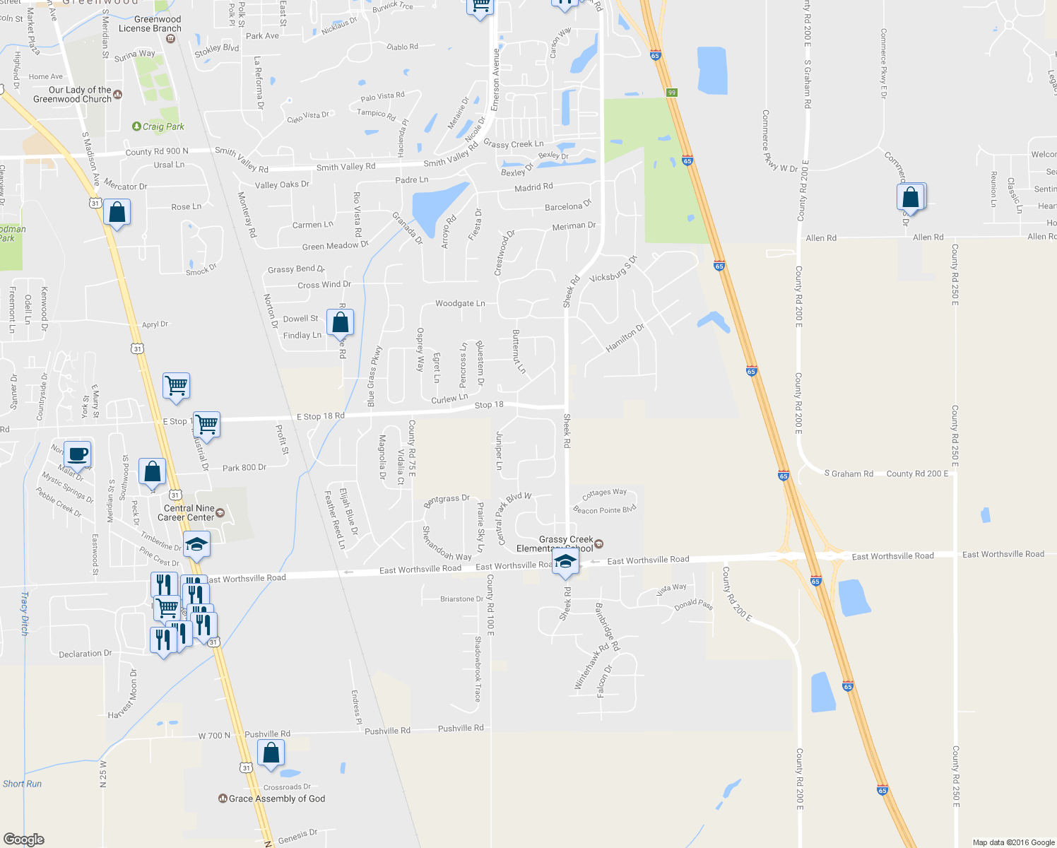 map of restaurants, bars, coffee shops, grocery stores, and more near 1085 Sassafras Trail in Greenwood