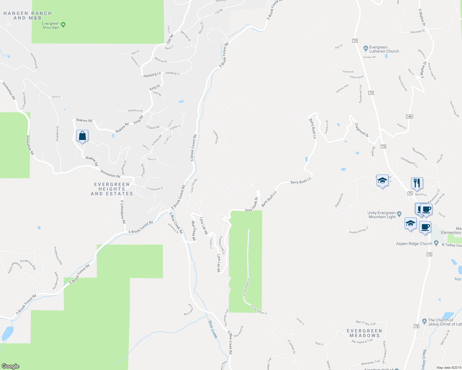 map of restaurants, bars, coffee shops, grocery stores, and more near 29471 Falcon Ridge Drive in Evergreen