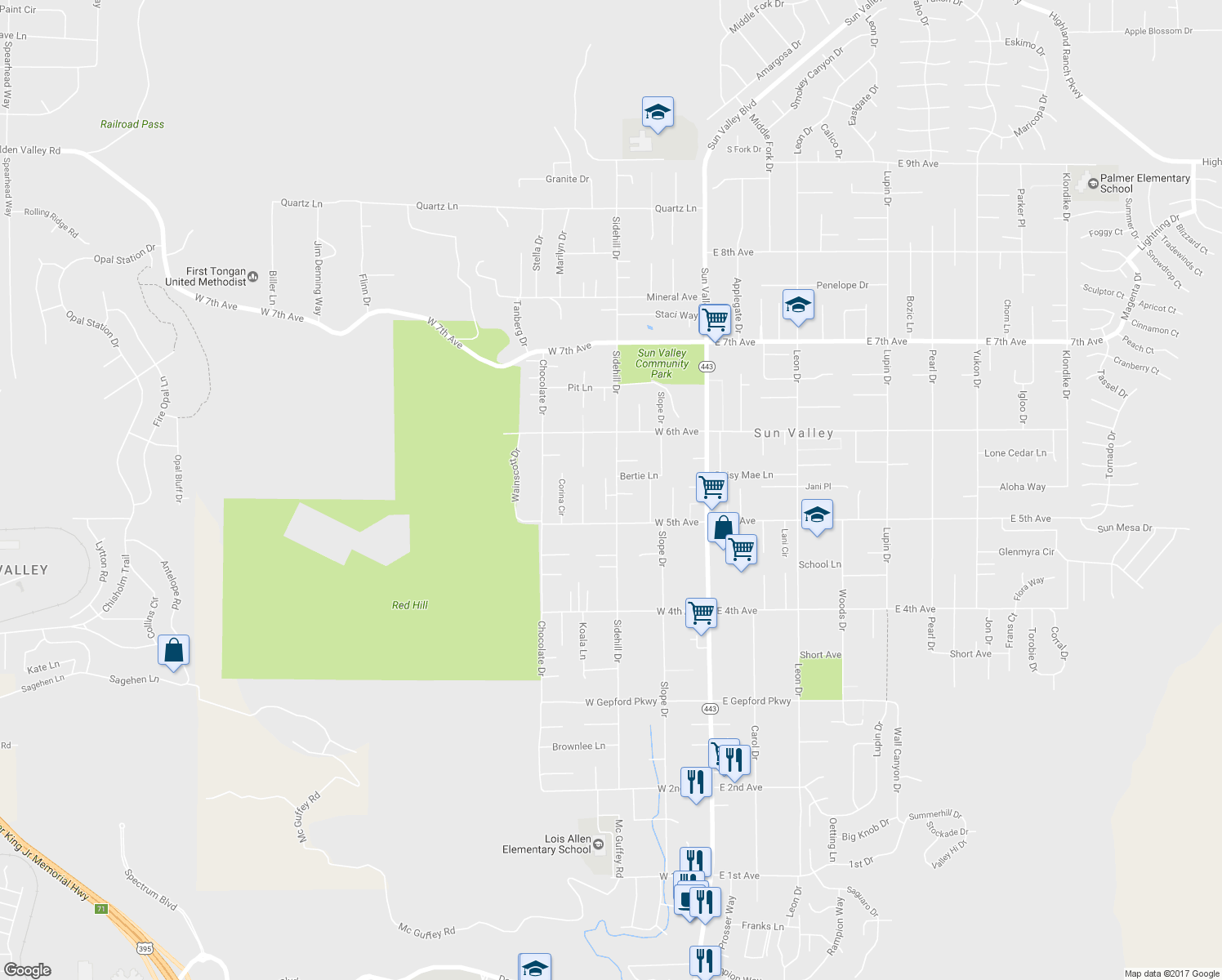 map of restaurants, bars, coffee shops, grocery stores, and more near 5531 Sidehill Drive in Sun Valley