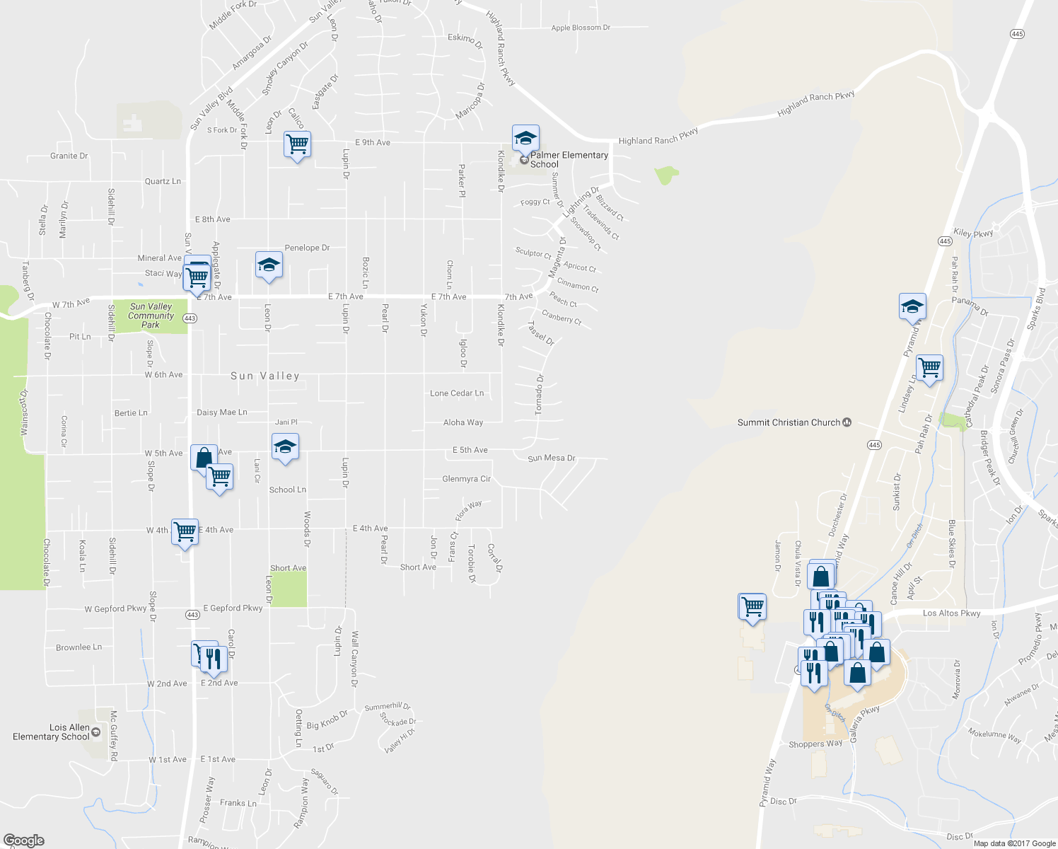 map of restaurants, bars, coffee shops, grocery stores, and more near 5502 Breeze Court in Sun Valley