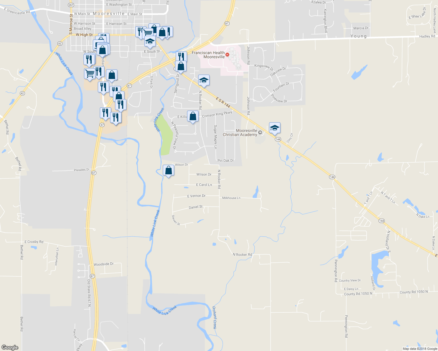 map of restaurants, bars, coffee shops, grocery stores, and more near 9980 North Rooker Road in Mooresville