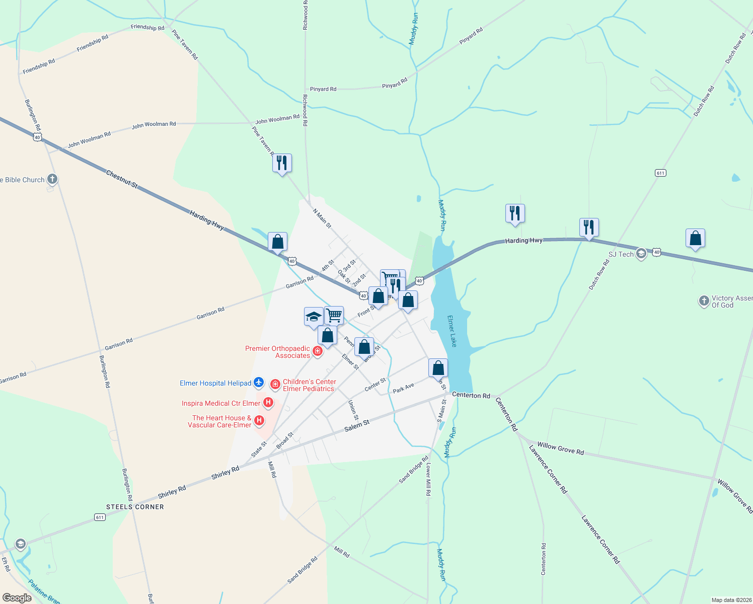 map of restaurants, bars, coffee shops, grocery stores, and more near 34 Chestnut Street in Elmer