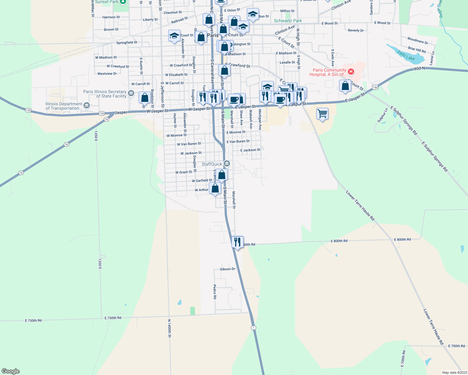 map of restaurants, bars, coffee shops, grocery stores, and more near 1799 Marshall Avenue in Paris