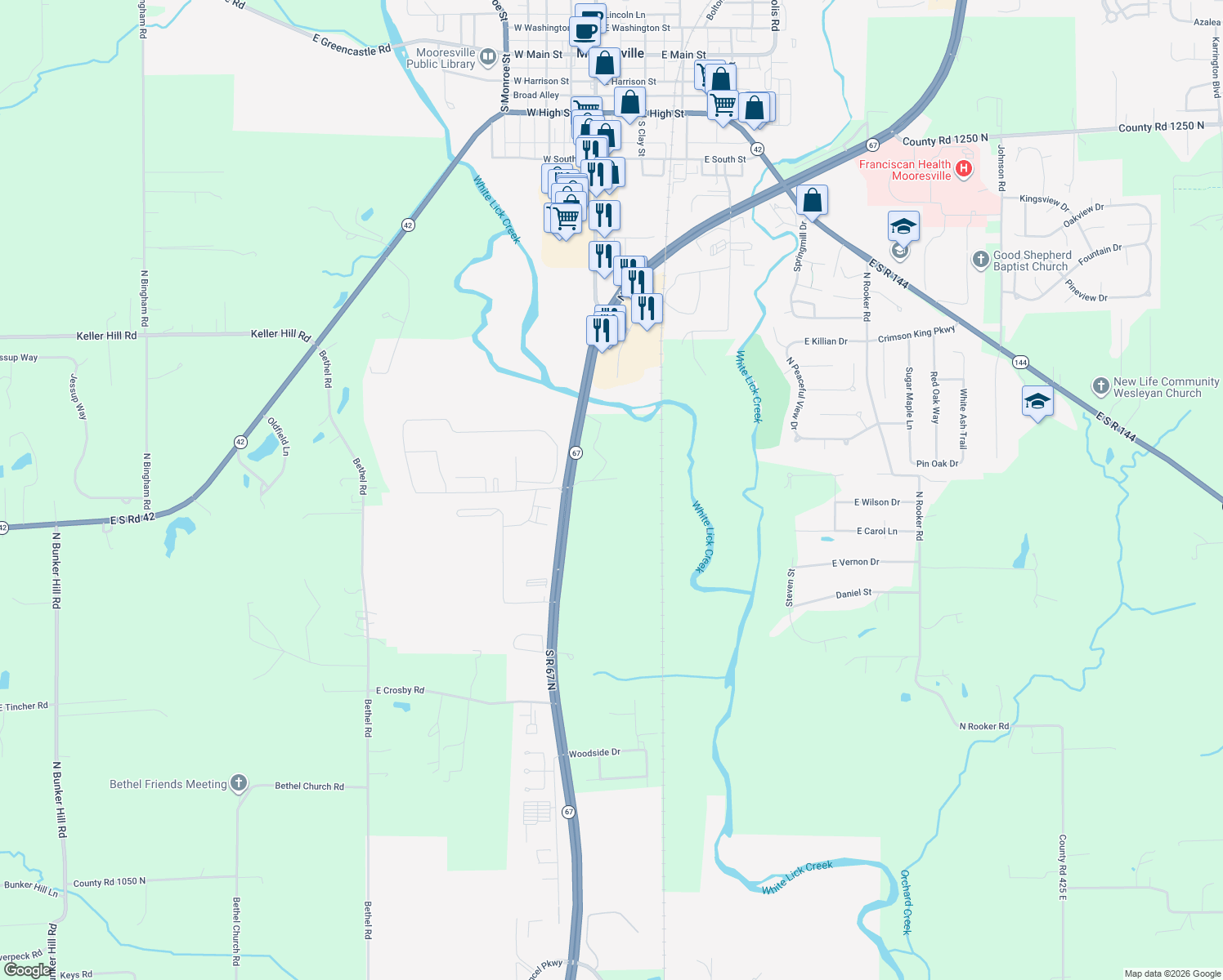 map of restaurants, bars, coffee shops, grocery stores, and more near 2801 East Charmil Drive in Mooresville