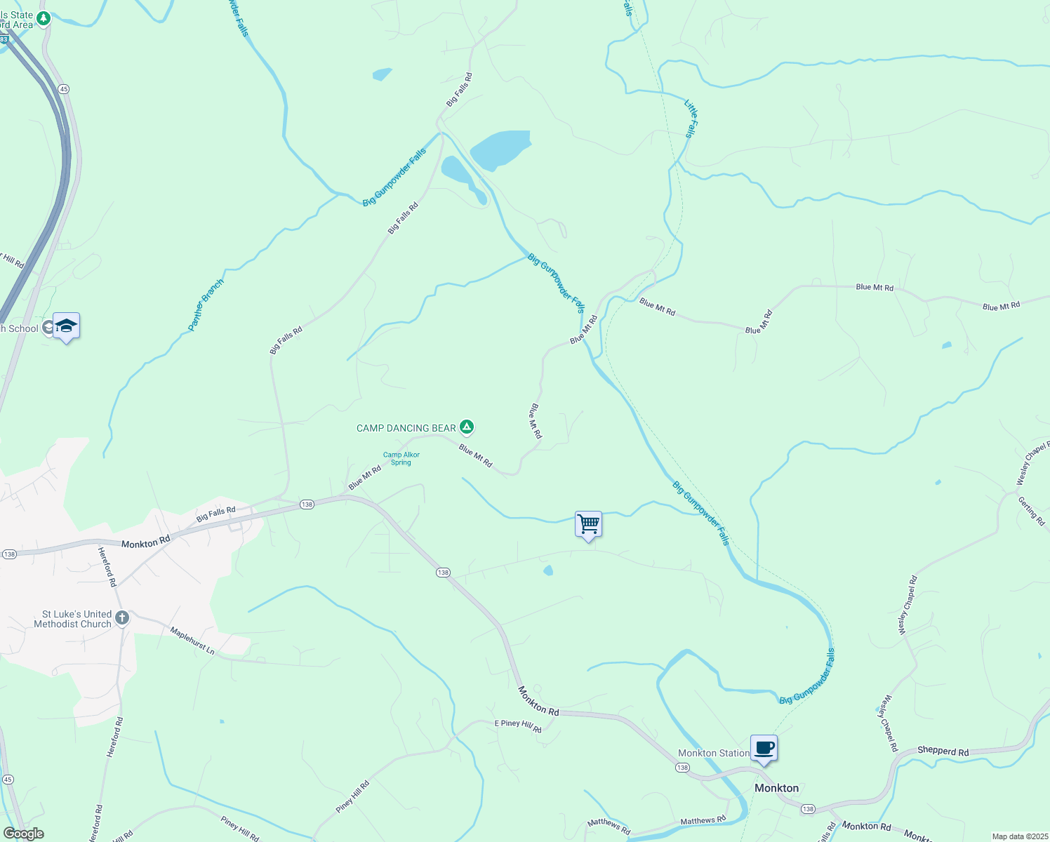 map of restaurants, bars, coffee shops, grocery stores, and more near 1402 Blue Mount Road in Monkton