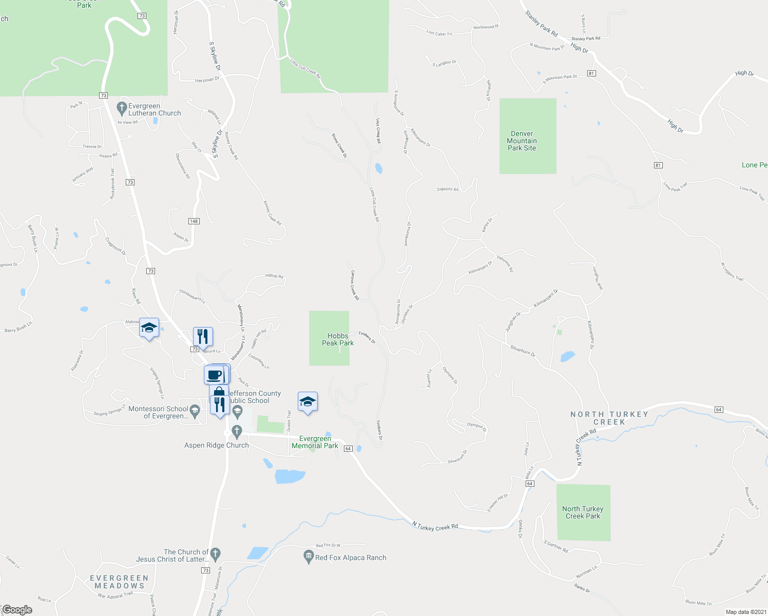 map of restaurants, bars, coffee shops, grocery stores, and more near 6572 Little Cub Creek Road in Evergreen