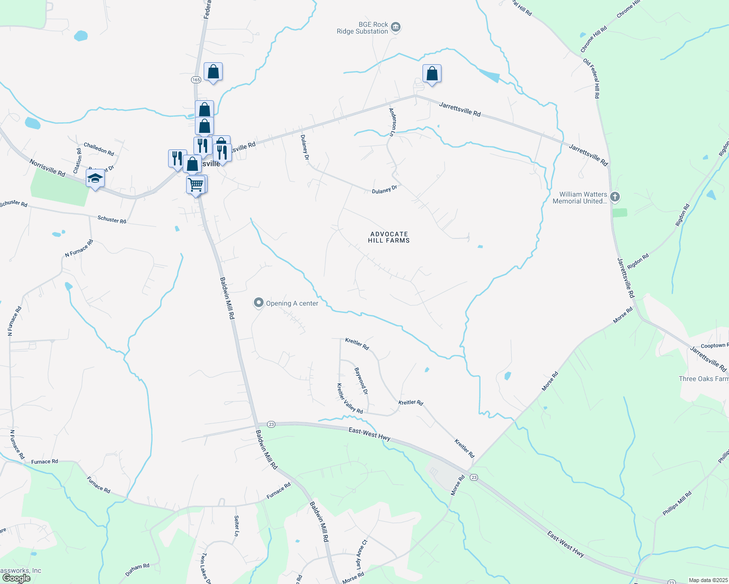 map of restaurants, bars, coffee shops, grocery stores, and more near 1709 Quenon Court in Jarrettsville