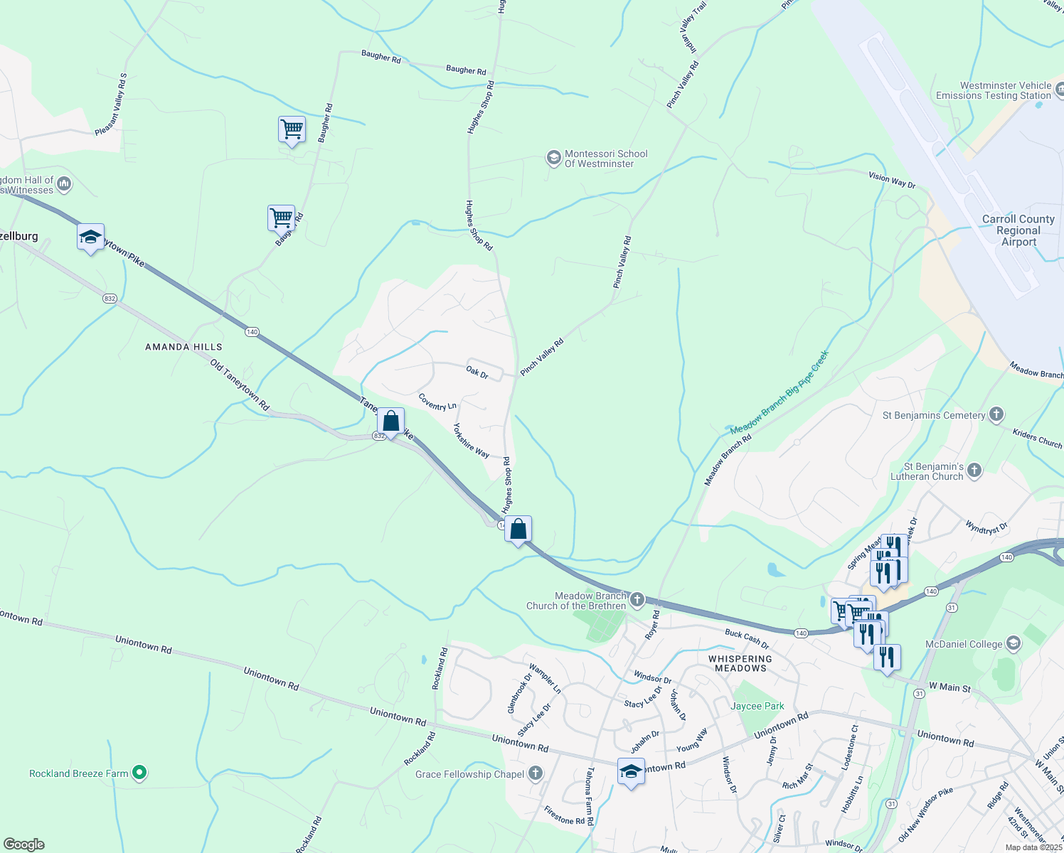 map of restaurants, bars, coffee shops, grocery stores, and more near 819 Hughes Shop Road in Westminster