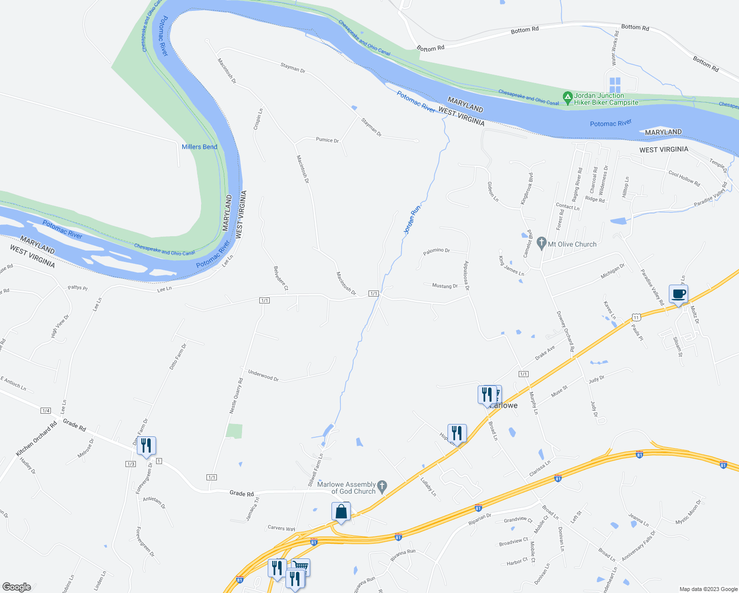 map of restaurants, bars, coffee shops, grocery stores, and more near 1458 Nestle Quarry Road in Falling Waters