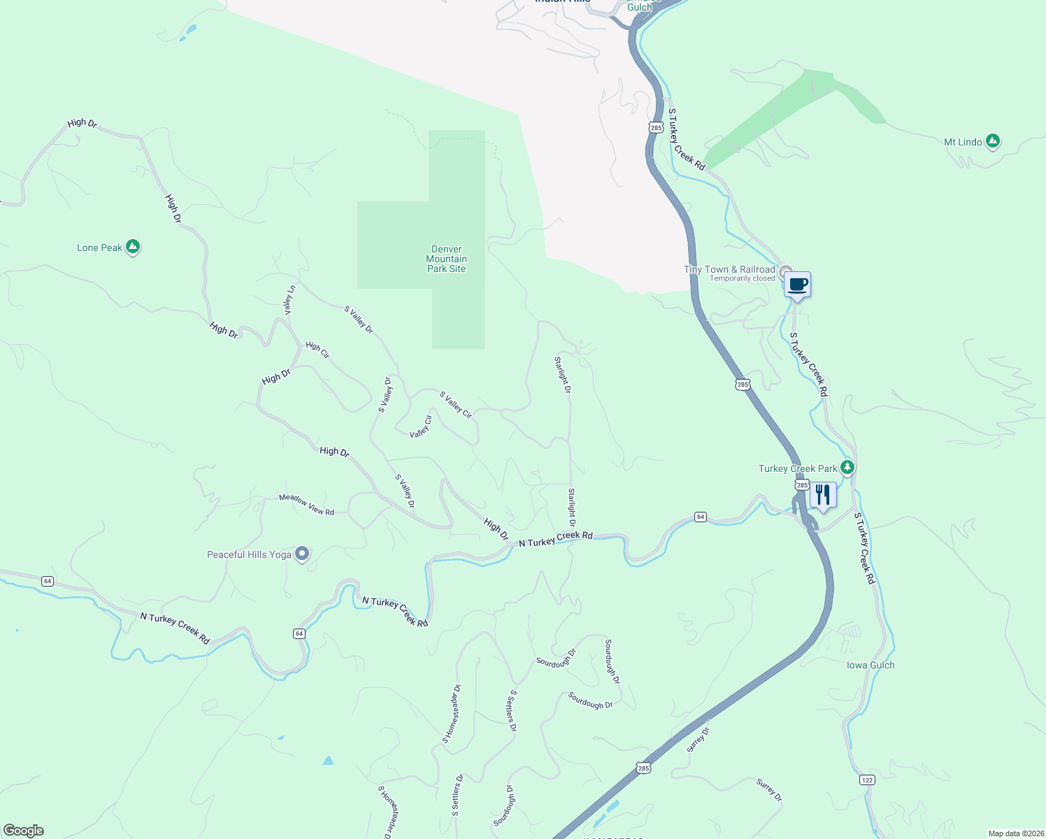 map of restaurants, bars, coffee shops, grocery stores, and more near 6658 Starlight Drive in Morrison