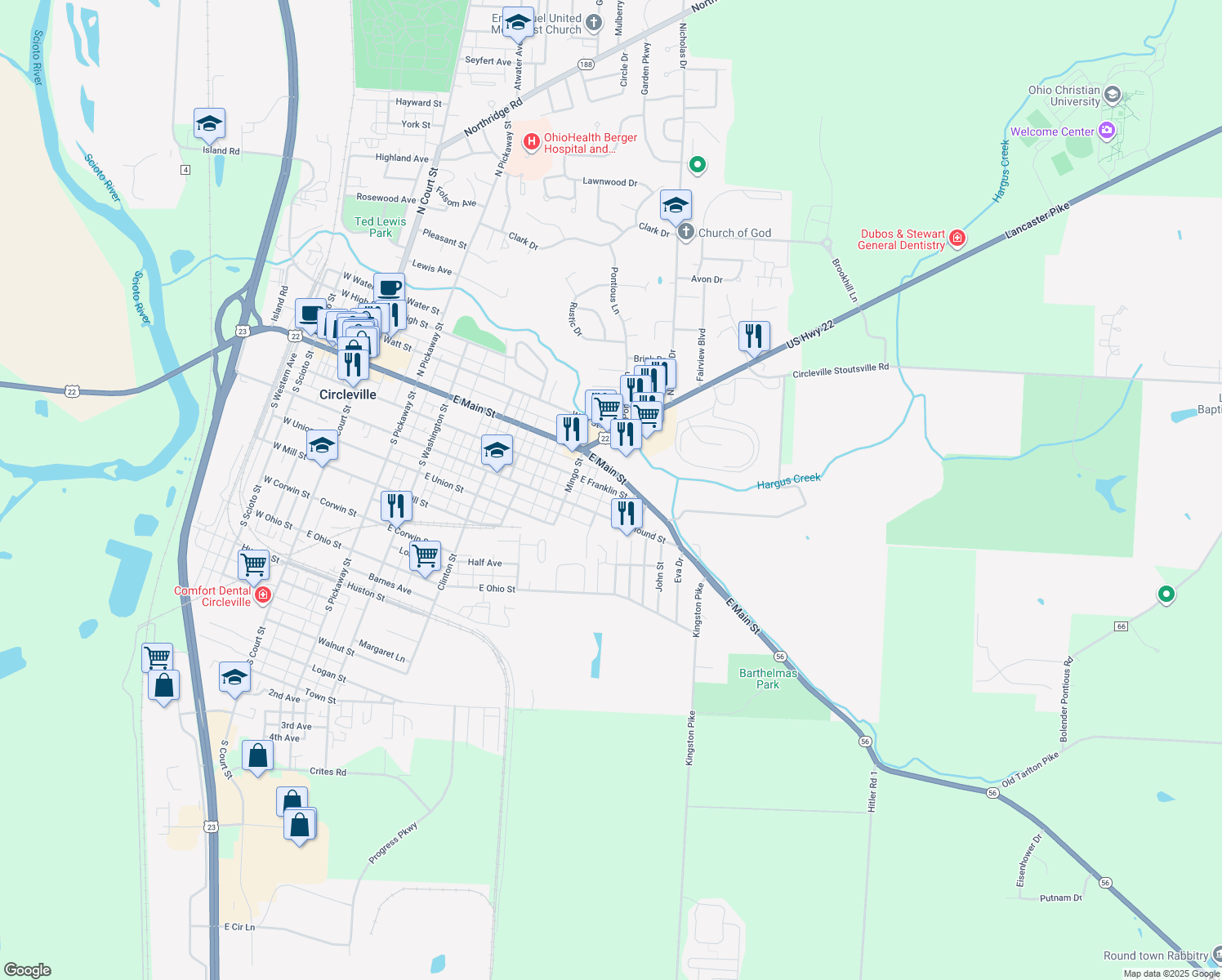 map of restaurants, bars, coffee shops, grocery stores, and more near 552 East Franklin Street in Circleville