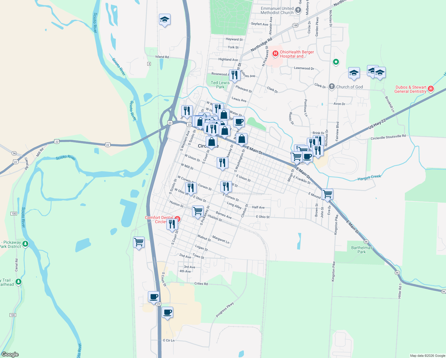 map of restaurants, bars, coffee shops, grocery stores, and more near 210 East Mill Street in Circleville