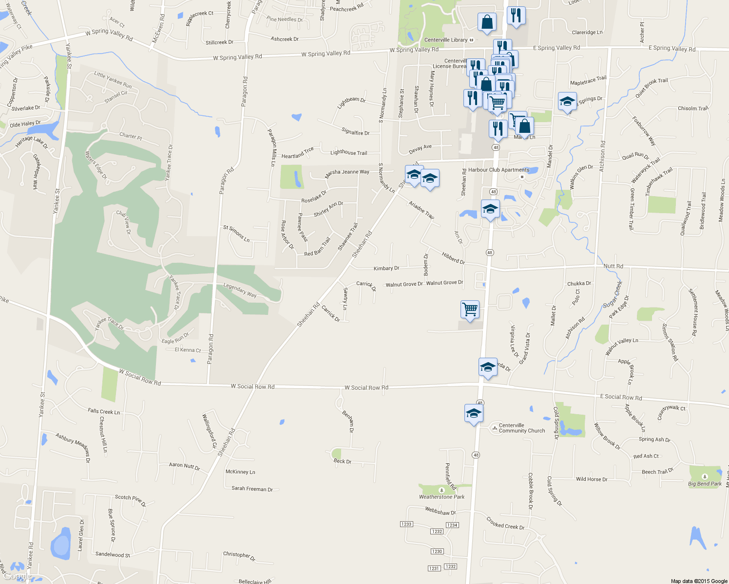 map of restaurants, bars, coffee shops, grocery stores, and more near 10112 Chedworth Drive in Dayton