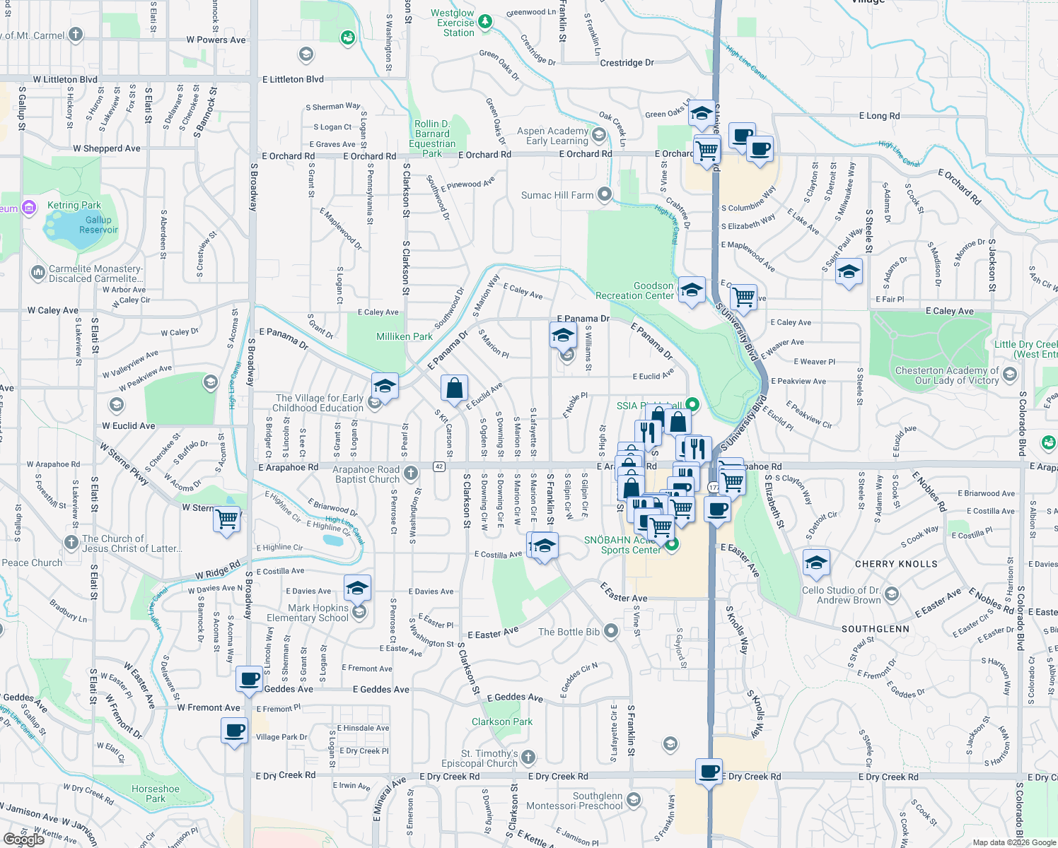 map of restaurants, bars, coffee shops, grocery stores, and more near 6609 South Lafayette Street in Centennial