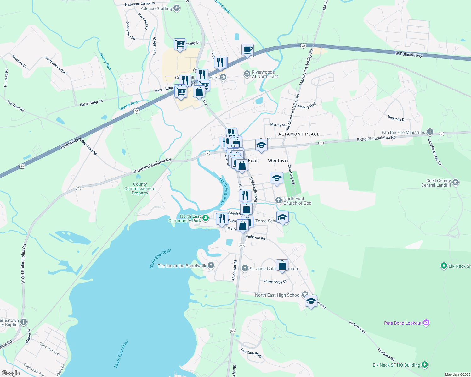 map of restaurants, bars, coffee shops, grocery stores, and more near 303 South Main Street in North East
