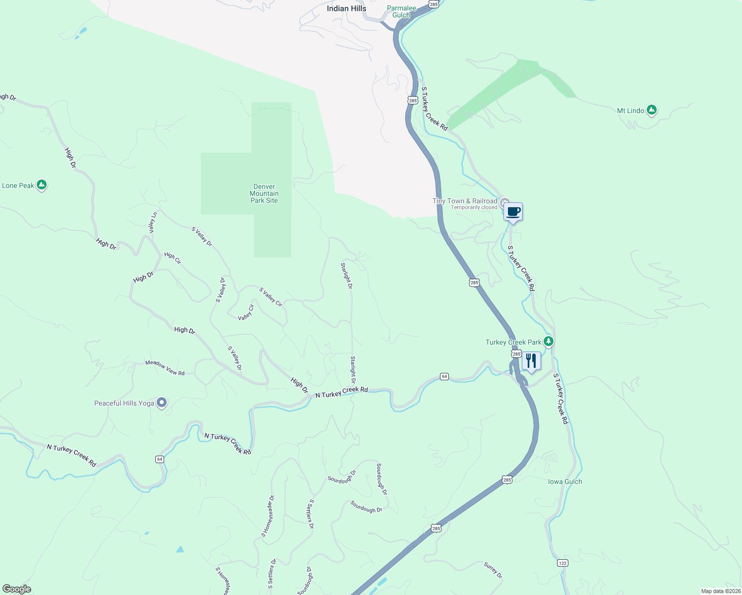 map of restaurants, bars, coffee shops, grocery stores, and more near 6561 Ridgeview Drive in Morrison