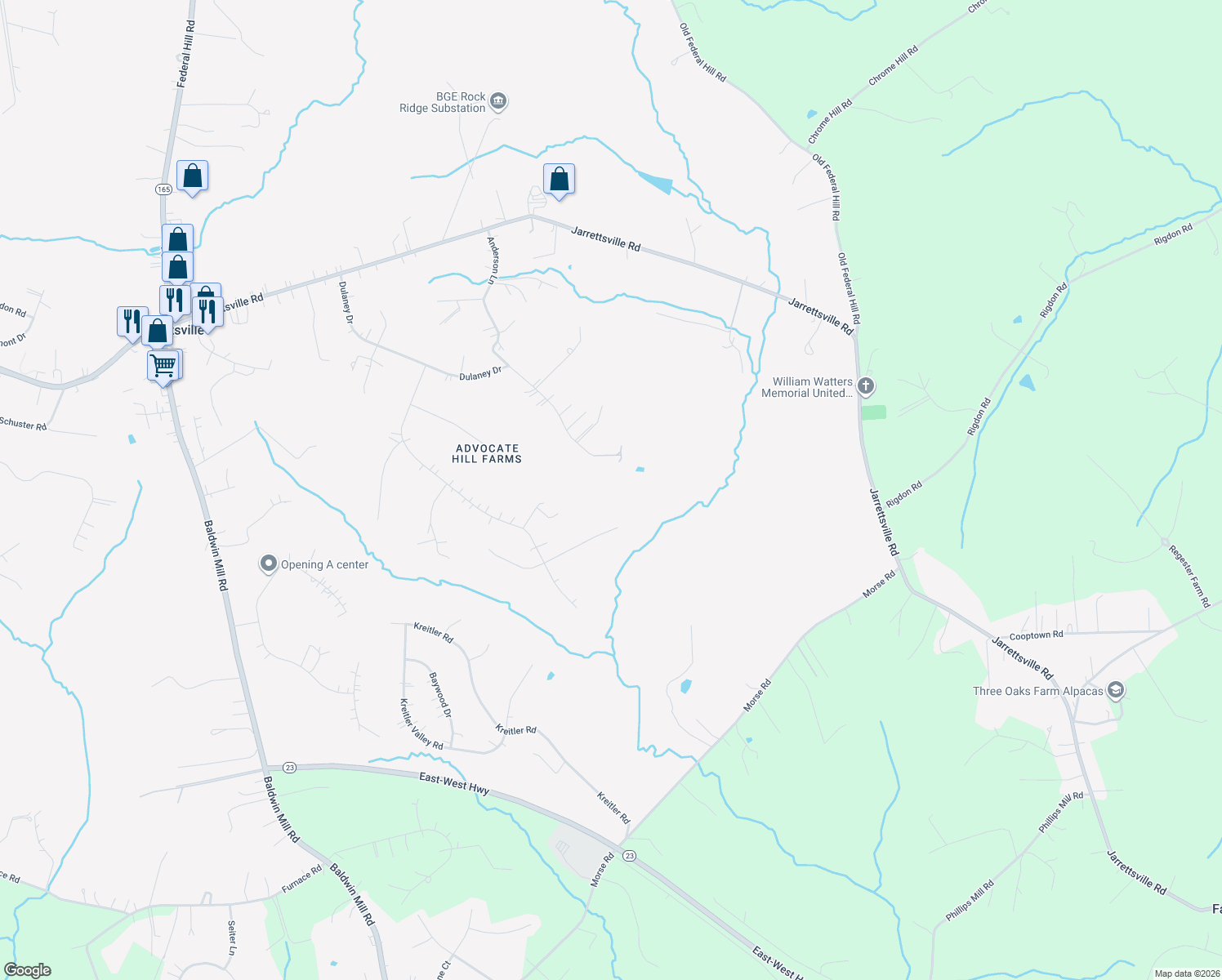 map of restaurants, bars, coffee shops, grocery stores, and more near 1604 Randallwood Court in Jarrettsville