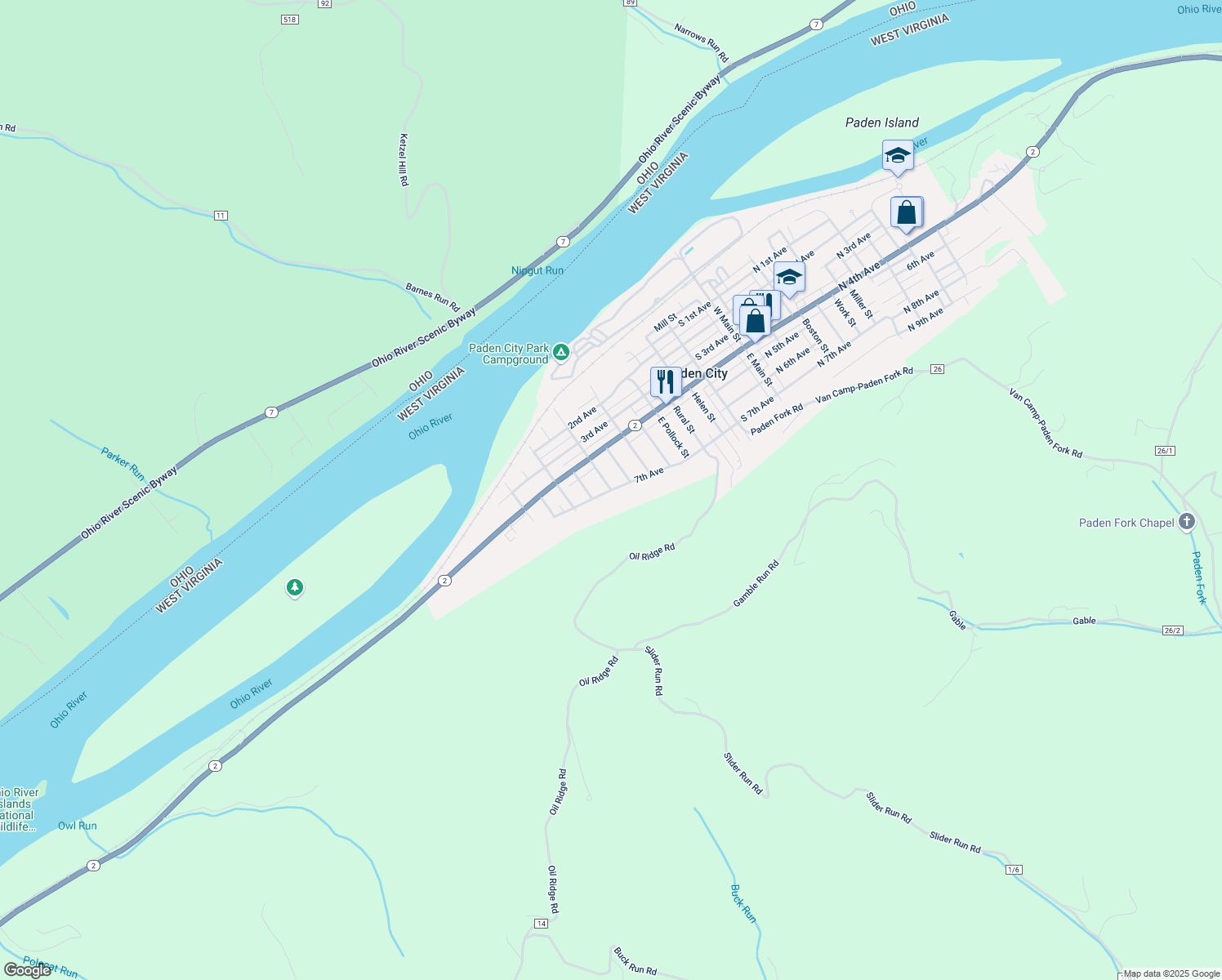map of restaurants, bars, coffee shops, grocery stores, and more near 123 E Madison St in Paden City