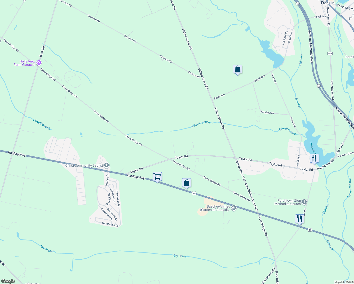 map of restaurants, bars, coffee shops, grocery stores, and more near 55 Taylor Rd in Newfield