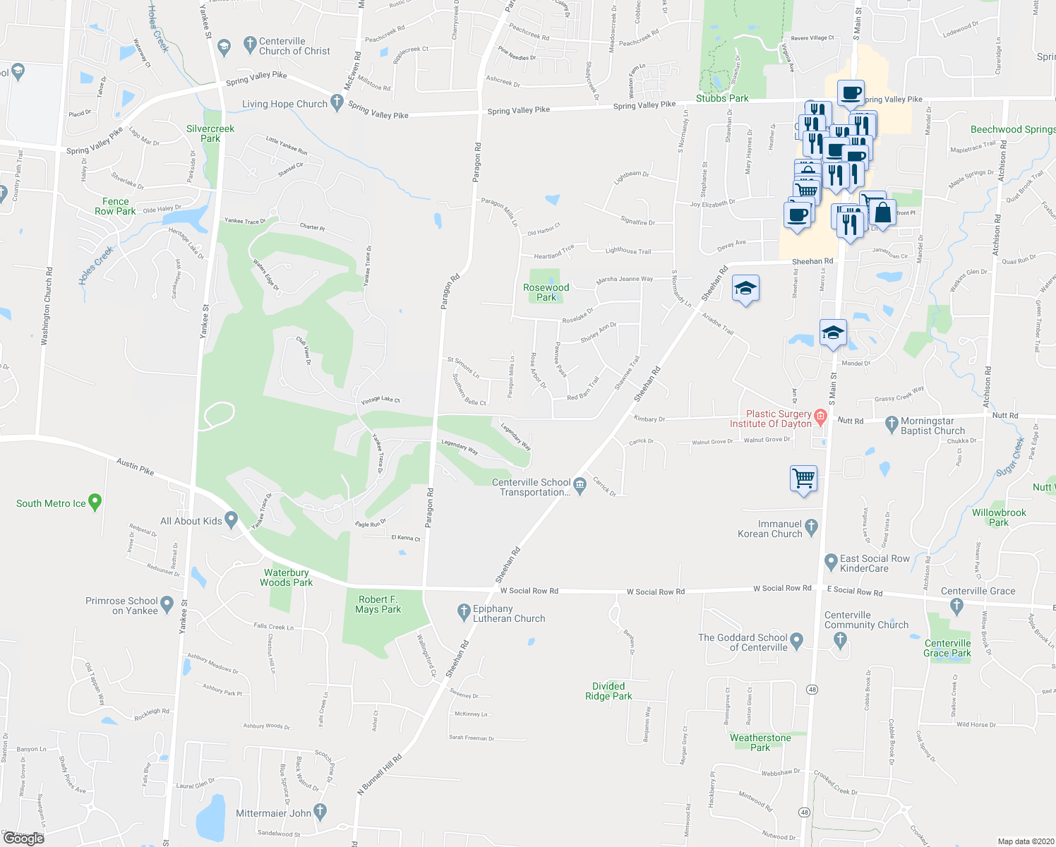 map of restaurants, bars, coffee shops, grocery stores, and more near 410 Shawnee Trail in Dayton