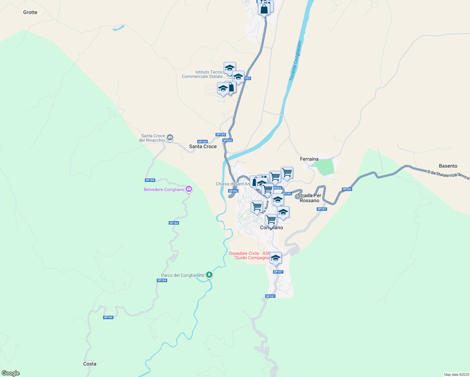 map of restaurants, bars, coffee shops, grocery stores, and more near 281 Strada Statale 106 Jonica in Corigliano Calabro