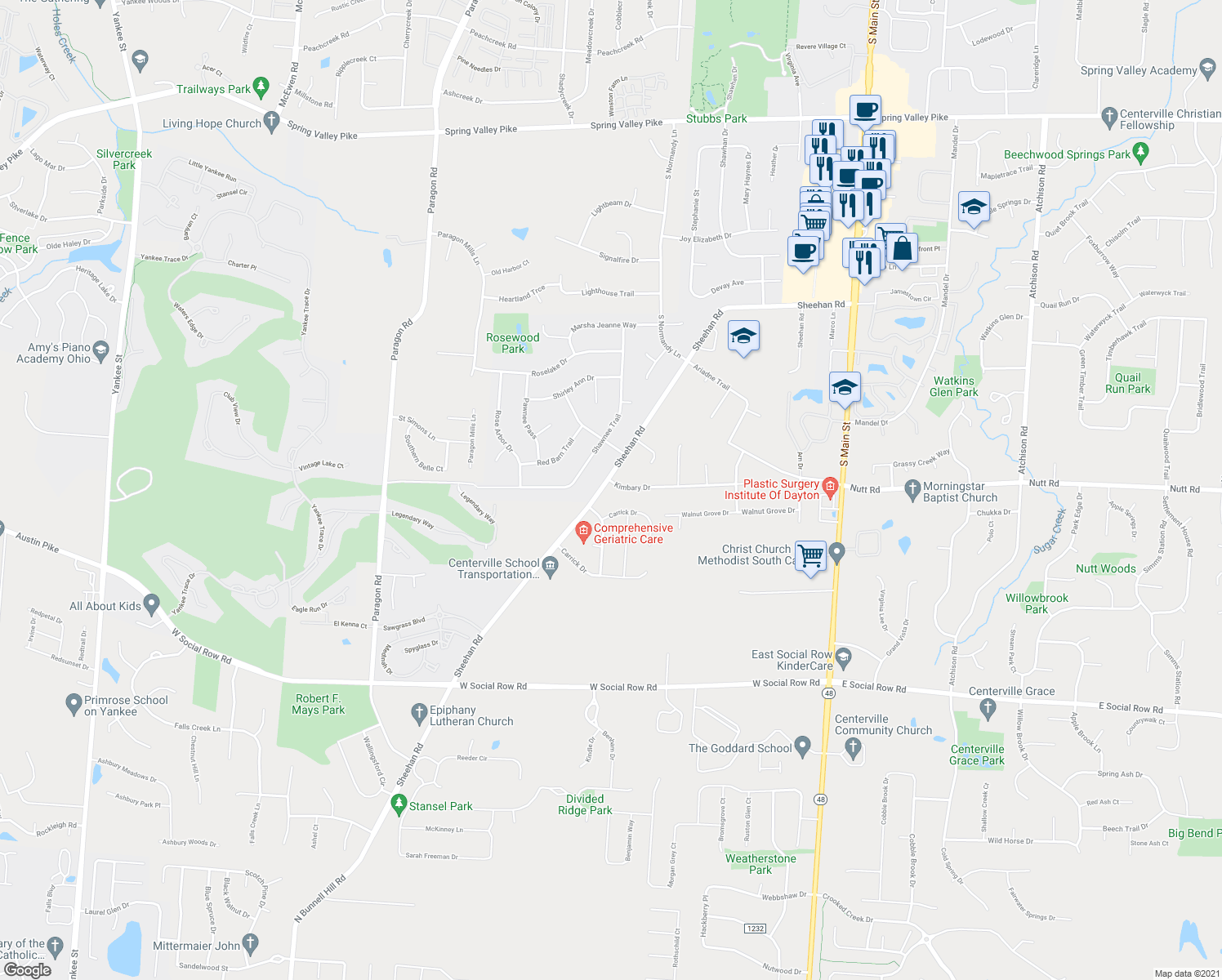 map of restaurants, bars, coffee shops, grocery stores, and more near 364 Kimbary Drive in Dayton