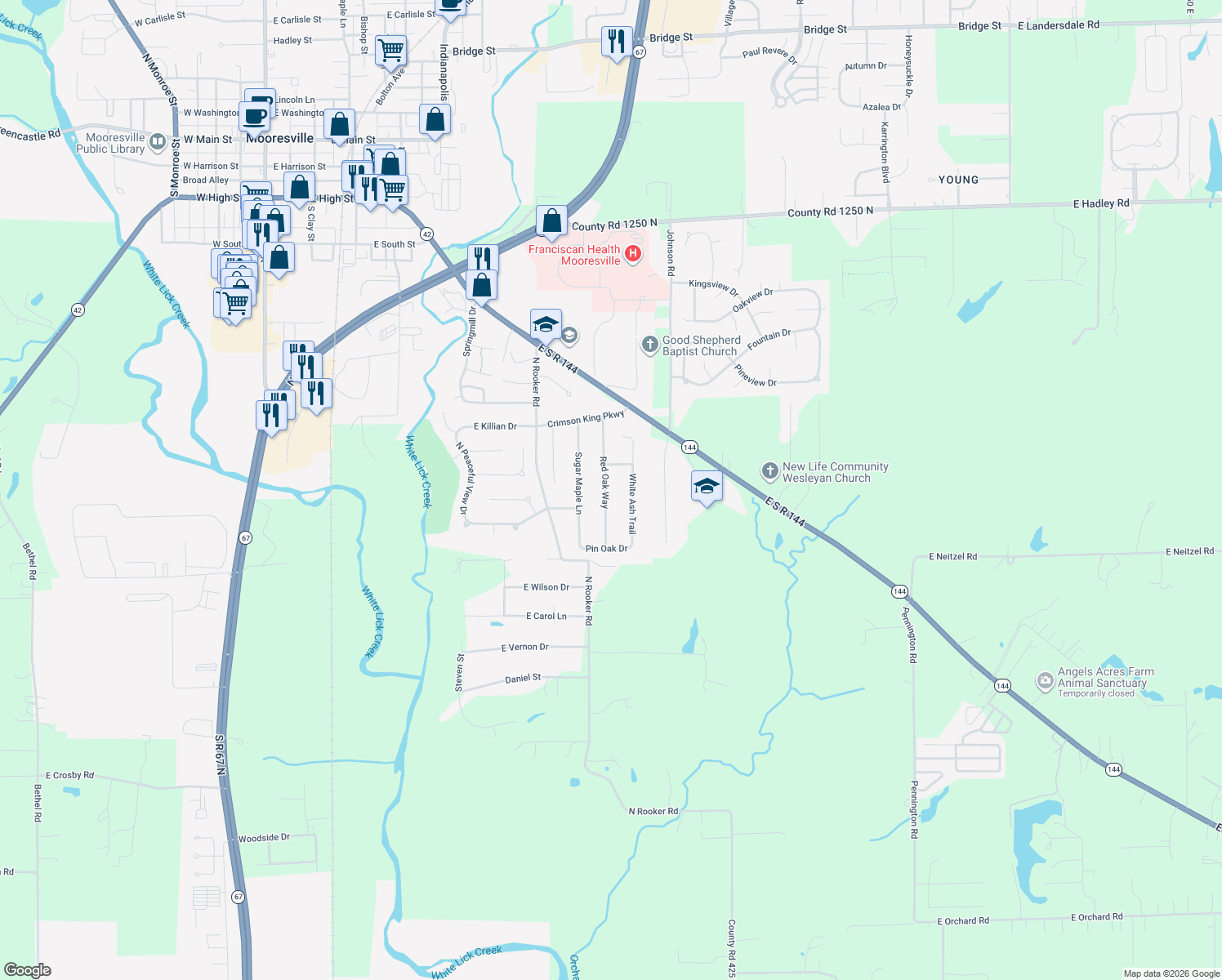 map of restaurants, bars, coffee shops, grocery stores, and more near 647 Red Oak Way in Mooresville