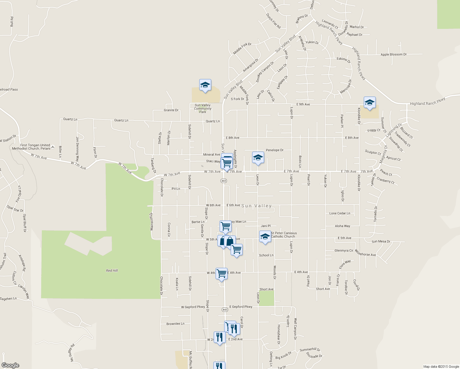 map of restaurants, bars, coffee shops, grocery stores, and more near 5650 Sun Valley Blvd in Sun Valley