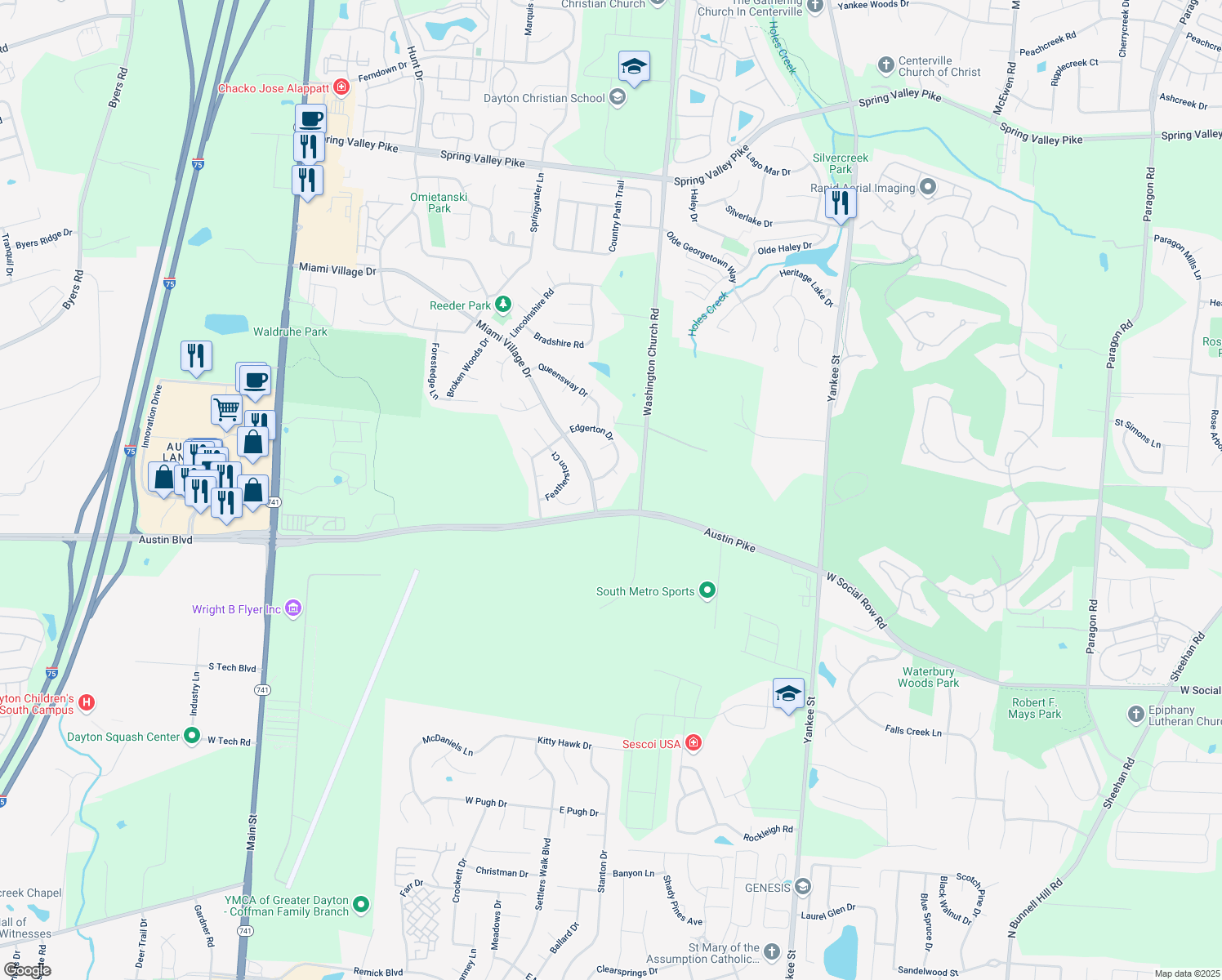 map of restaurants, bars, coffee shops, grocery stores, and more near 2139 Dunshire Court in Miamisburg