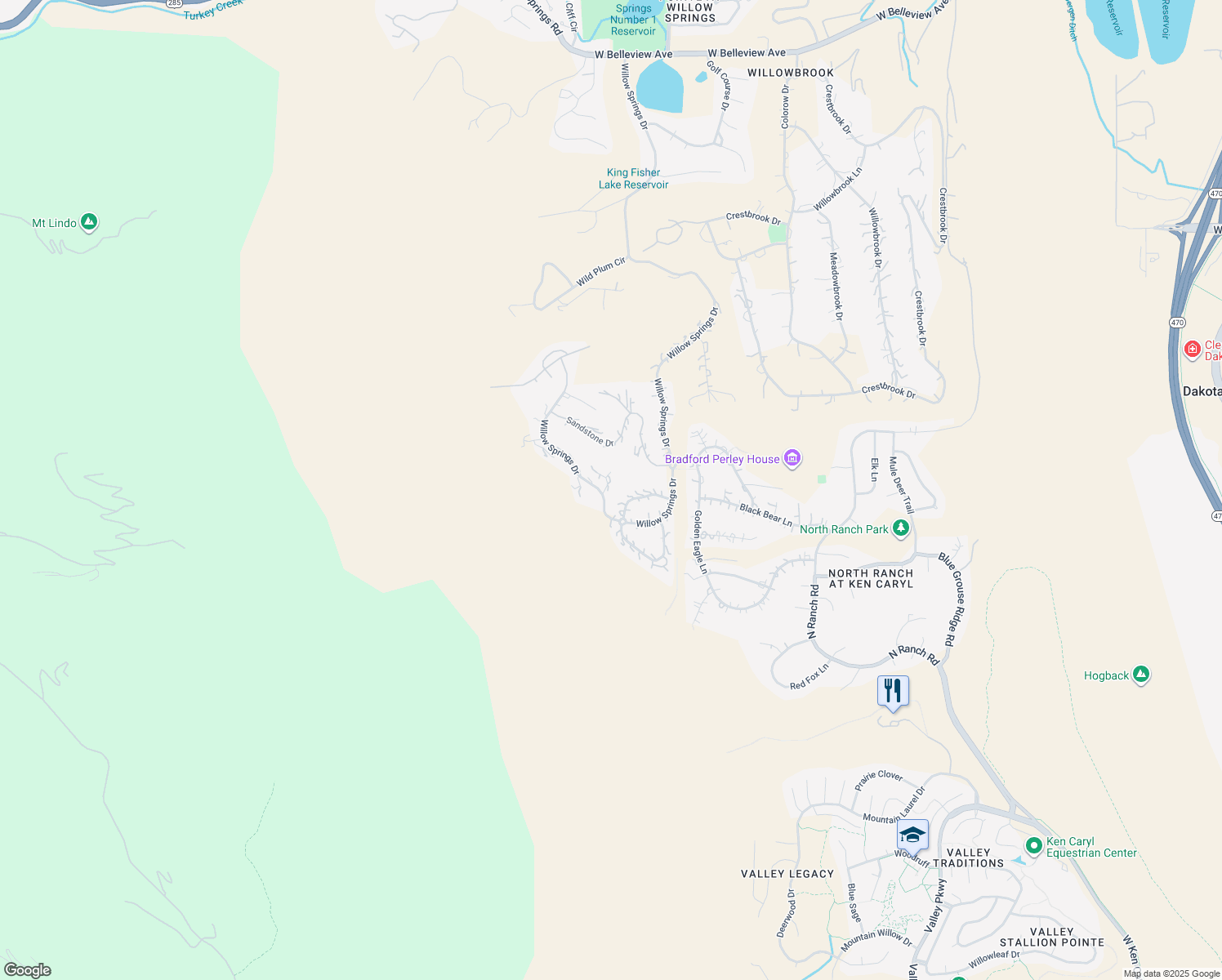 map of restaurants, bars, coffee shops, grocery stores, and more near 16321 Gentian Lane in Morrison