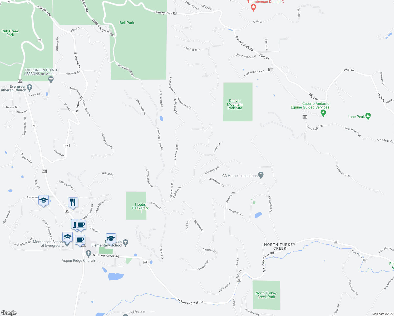 map of restaurants, bars, coffee shops, grocery stores, and more near 6445 Olympus Drive in Evergreen