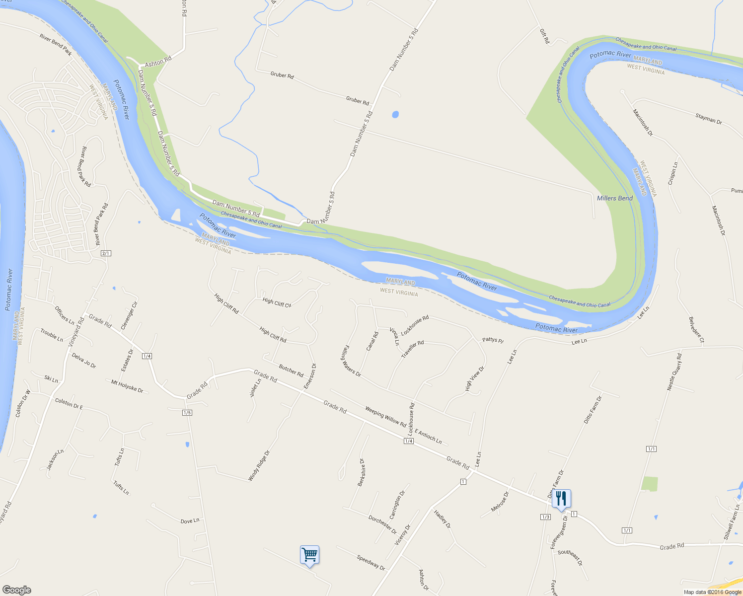 map of restaurants, bars, coffee shops, grocery stores, and more near 711 Falling Waters Drive in Falling Waters
