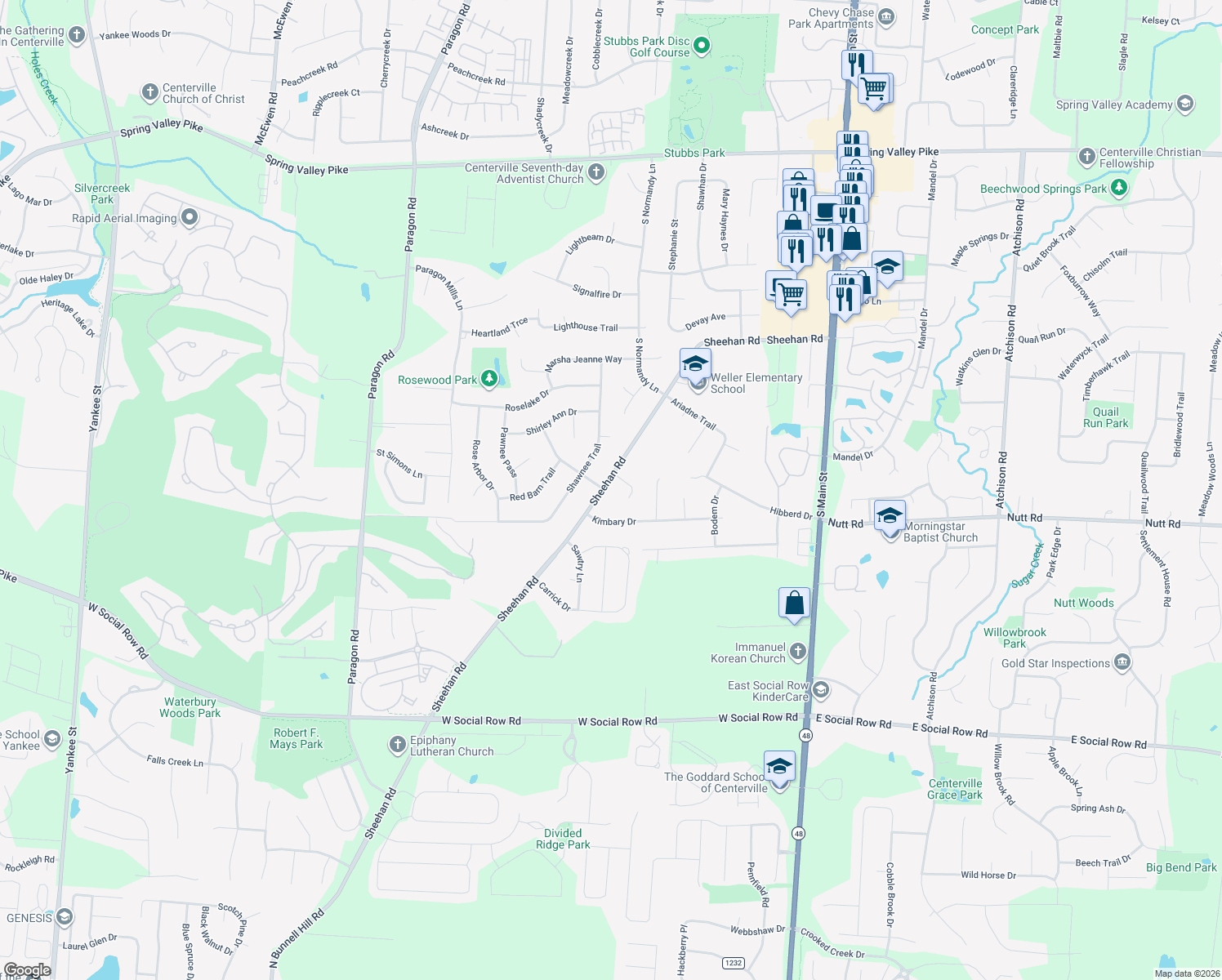map of restaurants, bars, coffee shops, grocery stores, and more near 9910 Sheehan Rd in Dayton