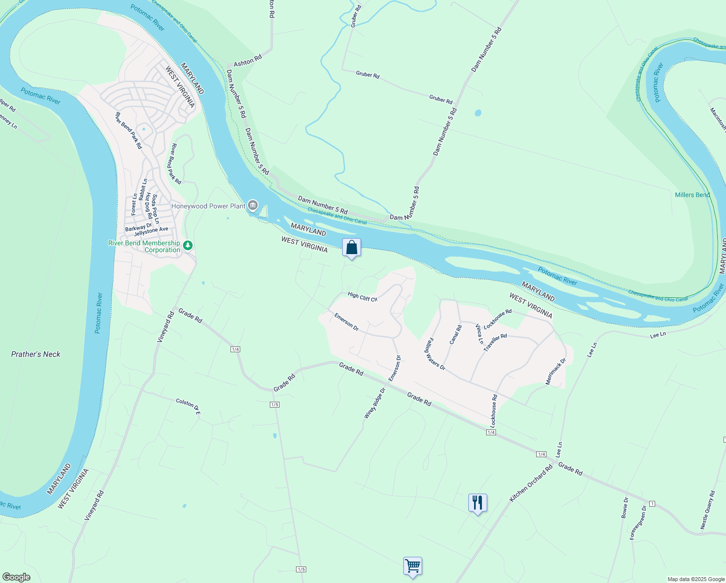 map of restaurants, bars, coffee shops, grocery stores, and more near 514 Burnside Drive in Falling Waters