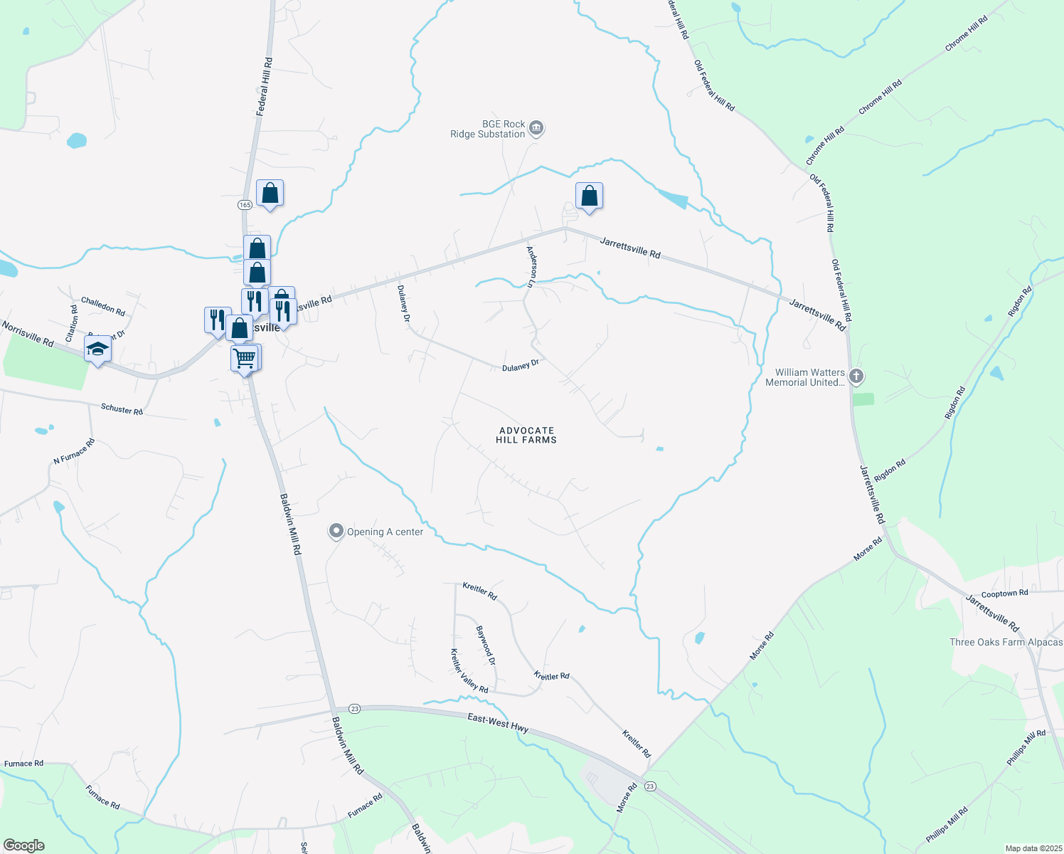 map of restaurants, bars, coffee shops, grocery stores, and more near 1604 Cynthia Court in Jarrettsville
