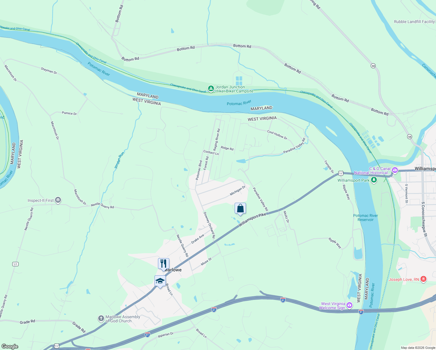 map of restaurants, bars, coffee shops, grocery stores, and more near 23 Wisconsin Ln in Falling Waters
