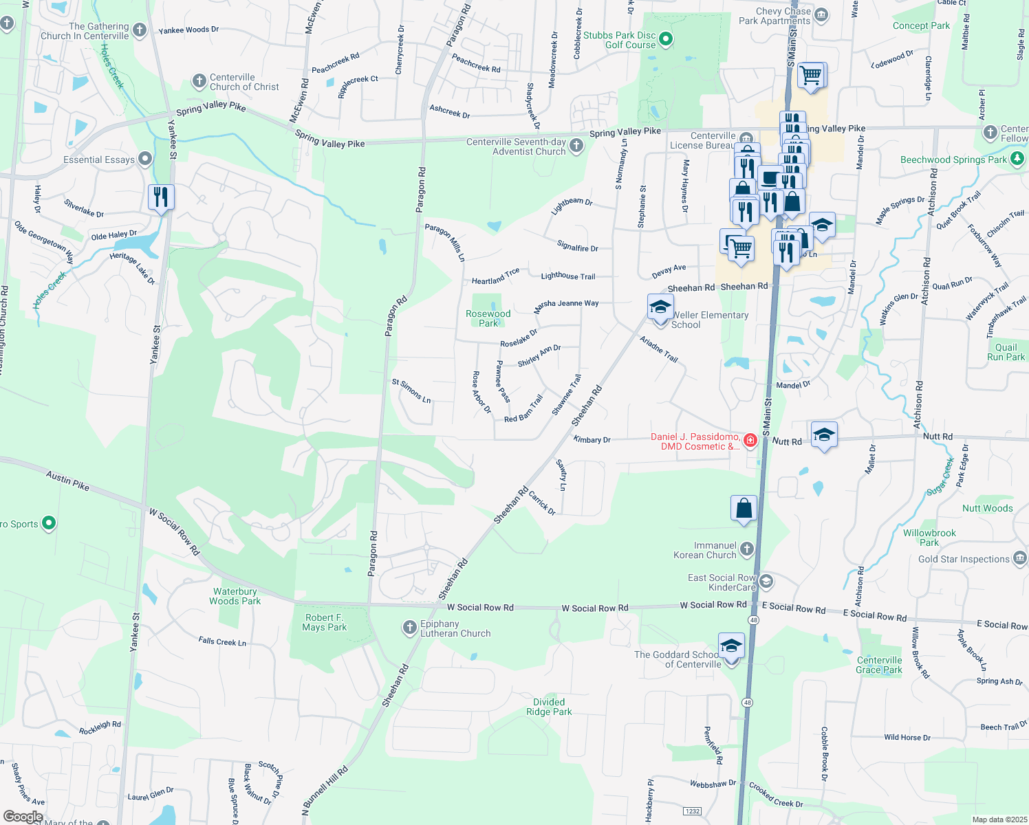 map of restaurants, bars, coffee shops, grocery stores, and more near 9830 Pawnee Pass in Dayton