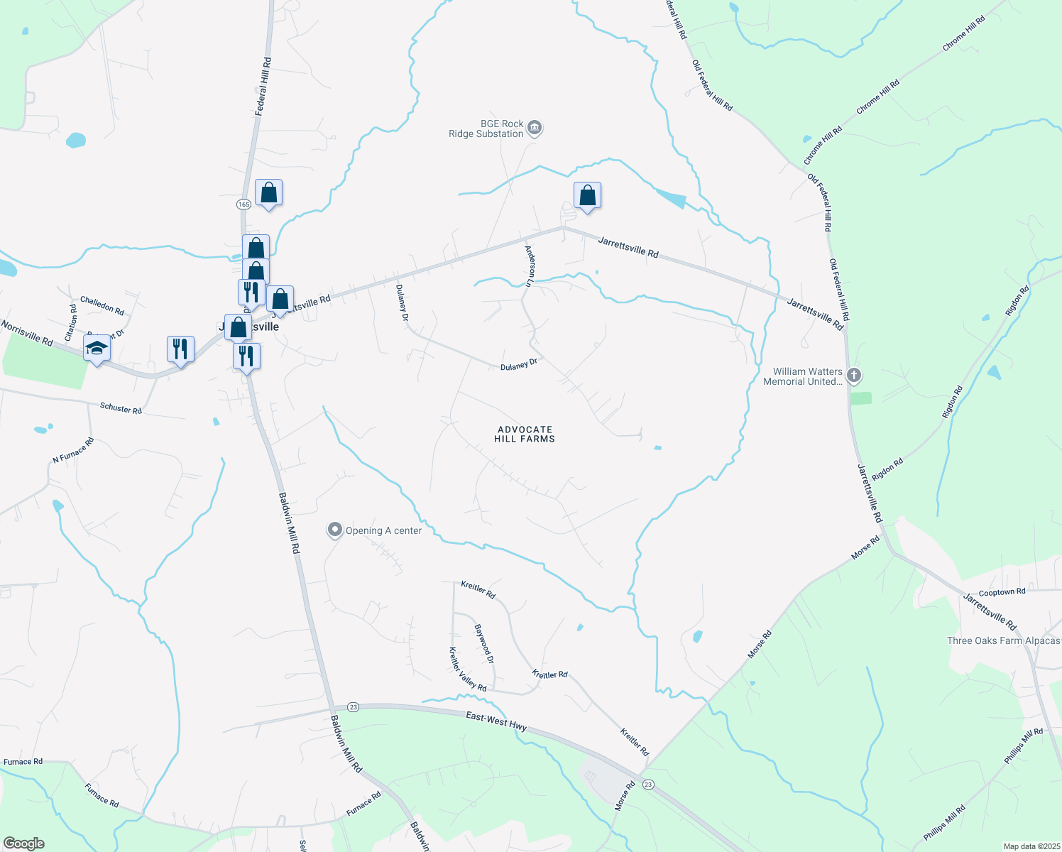 map of restaurants, bars, coffee shops, grocery stores, and more near 1604 Cynthia Court in Jarrettsville