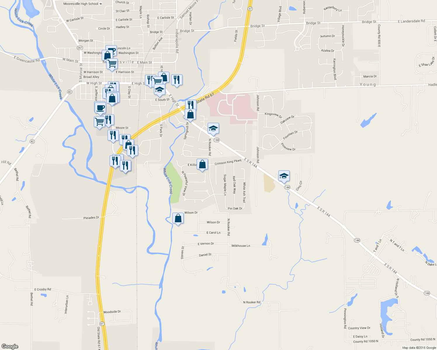 map of restaurants, bars, coffee shops, grocery stores, and more near 621 Tulip Poplar Court in Mooresville