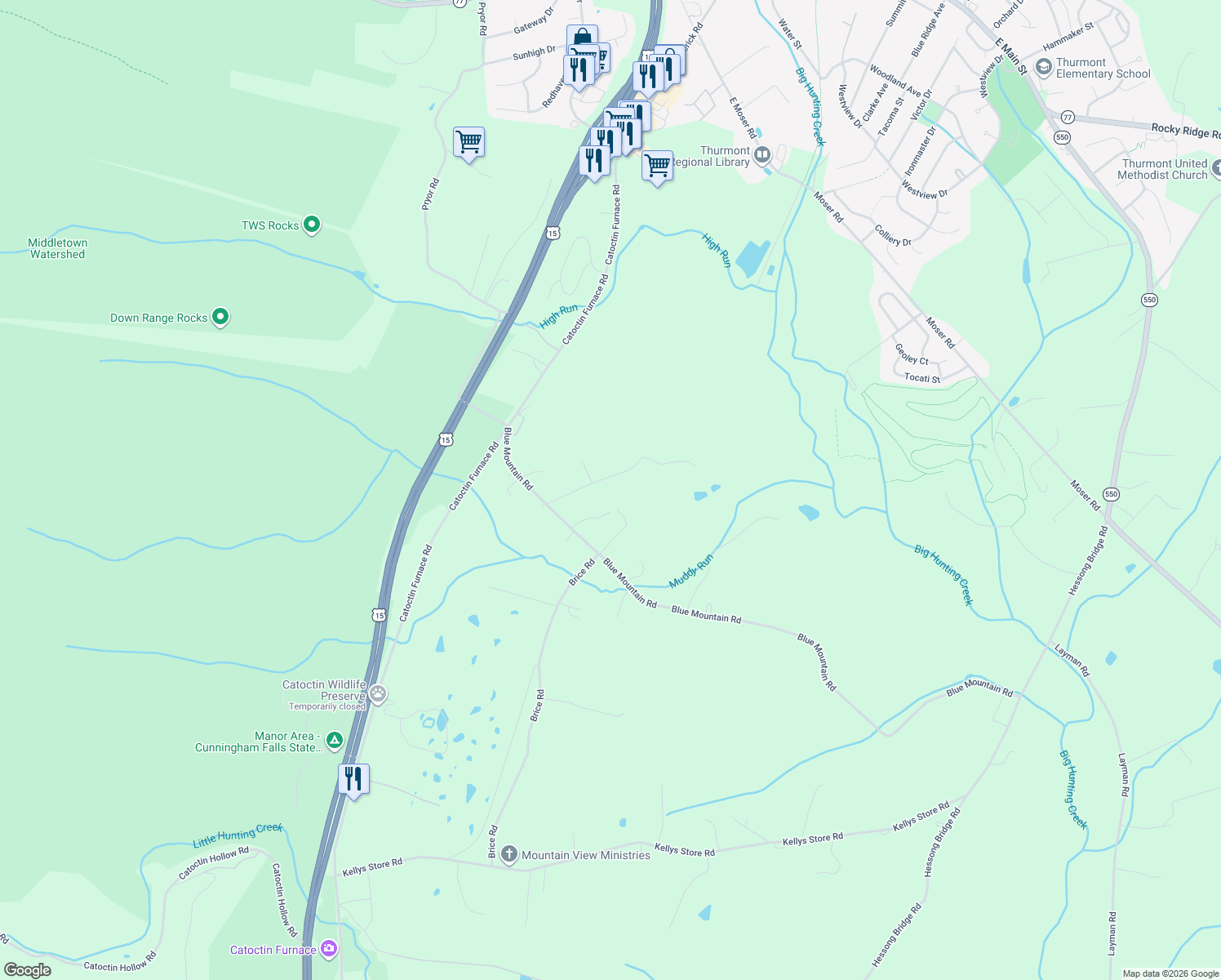 map of restaurants, bars, coffee shops, grocery stores, and more near 13441 Reed Road in Thurmont