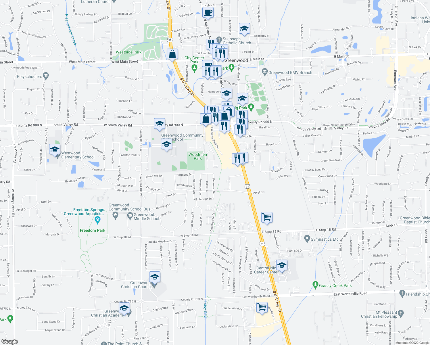 map of restaurants, bars, coffee shops, grocery stores, and more near 1149 Kenwood Drive in Greenwood