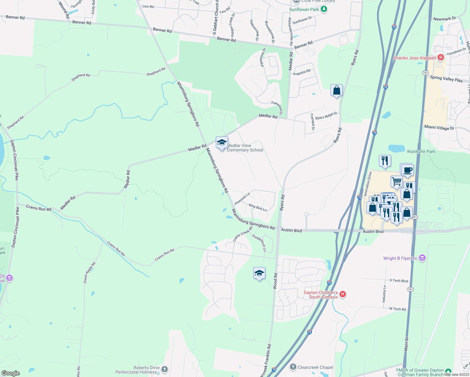 map of restaurants, bars, coffee shops, grocery stores, and more near 4349 Wood Thrush Ct in Miamisburg