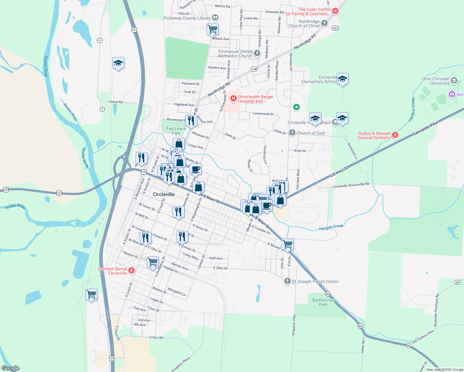 map of restaurants, bars, coffee shops, grocery stores, and more near 409 Ruth Ave in Circleville