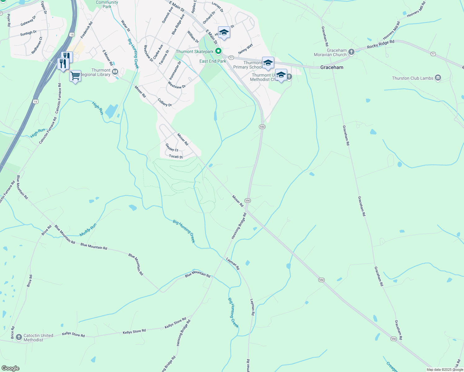 map of restaurants, bars, coffee shops, grocery stores, and more near 13413 Moser Road in Thurmont