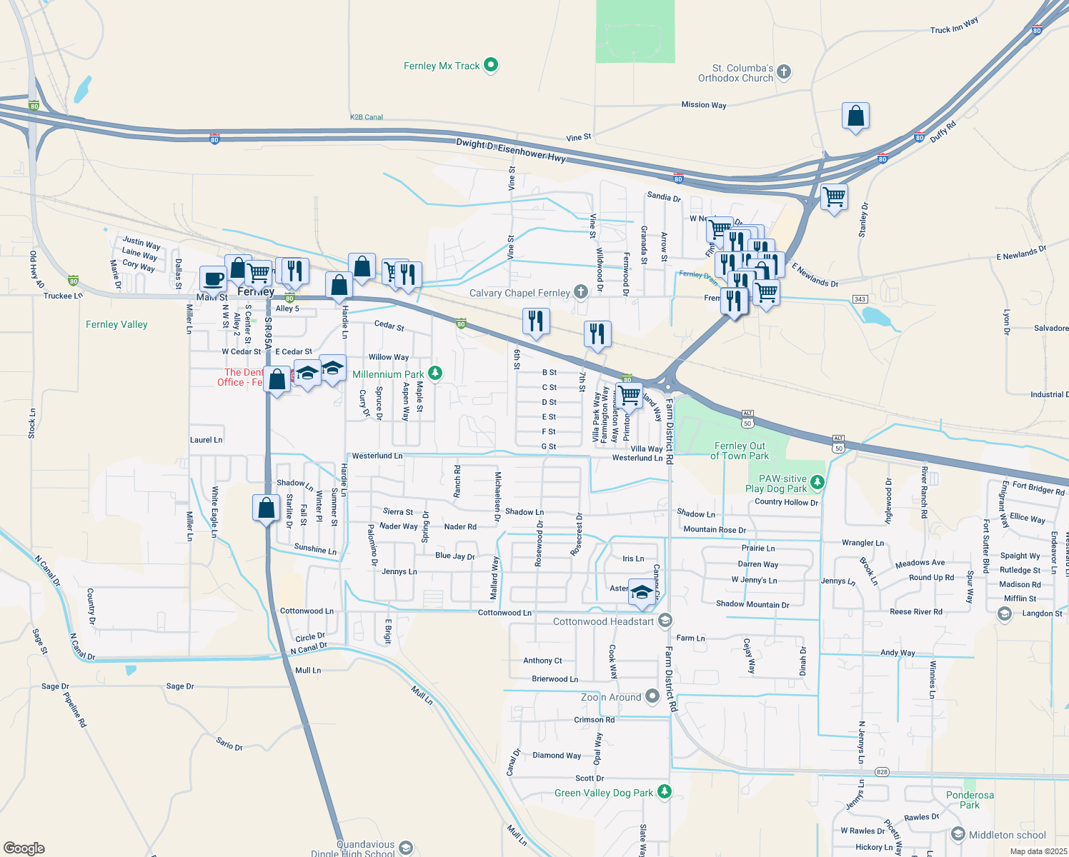 map of restaurants, bars, coffee shops, grocery stores, and more near 770 F Street in Fernley
